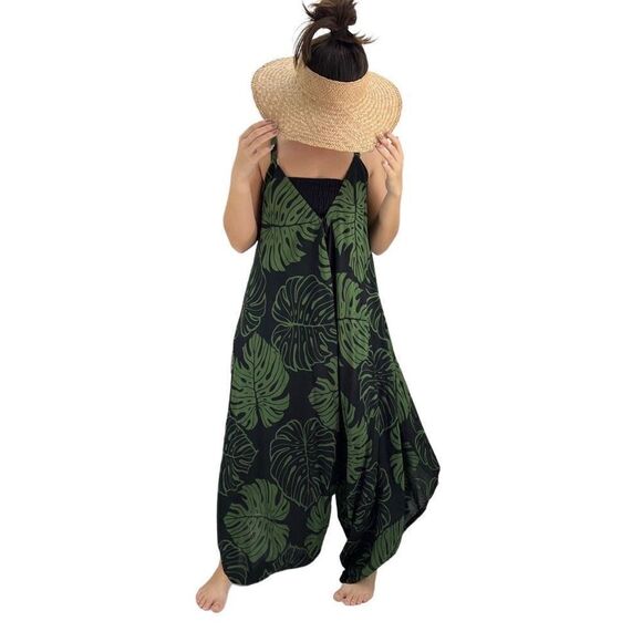 Pōʻalima Black Green Monstera Tropical Boho Wide Leg Beach Romper - Picture 4 of 15